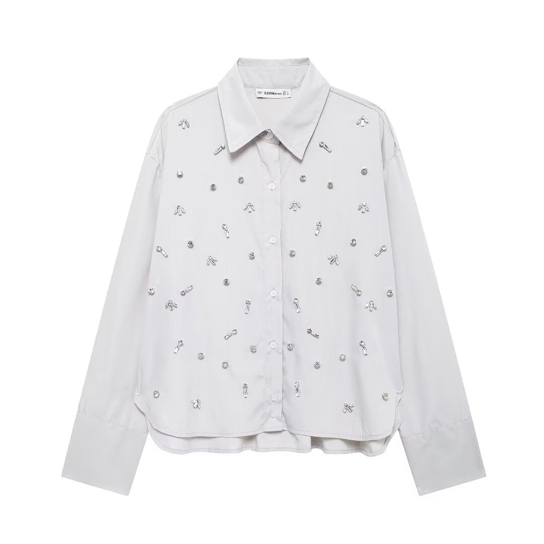Autumn Artificial Jewelry Decoration Poplin Shirt Casual Shorts Women Suit - Wanita Store