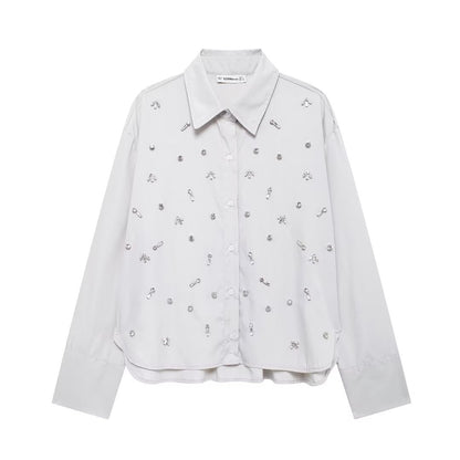 Autumn Artificial Jewelry Decoration Poplin Shirt Casual Shorts Women Suit - Wanita Store