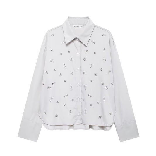 Autumn Artificial Jewelry Decoration Poplin Shirt Casual Shorts Women Suit - Wanita Store