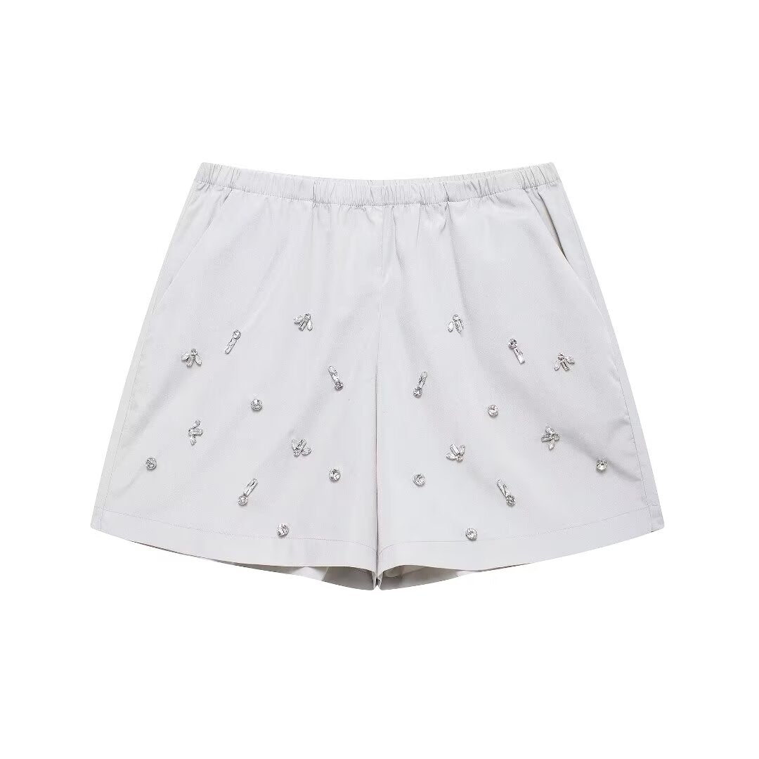 Autumn Artificial Jewelry Decoration Poplin Shirt Casual Shorts Women Suit - Wanita Store