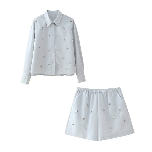 Autumn Arrival Women Artificial Jewelry Decoration Shirt Shorts Set - Wanita Store
