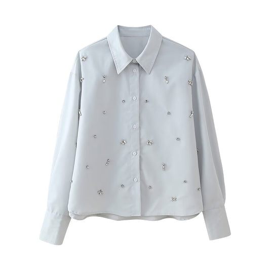 Autumn Arrival Women Artificial Jewelry Decoration Shirt Shorts Set - Wanita Store