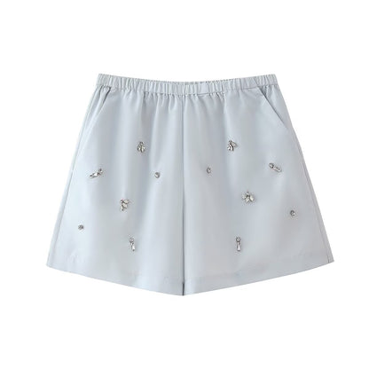 Autumn Arrival Women Artificial Jewelry Decoration Shirt Shorts Set - Wanita Store