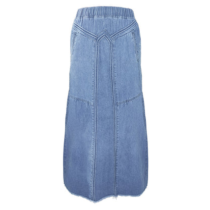 Women pring Summer Denim A Skirt Binding Tape Brushed Elastic High Waist Simple All Match Long Skirt - Wanita Store