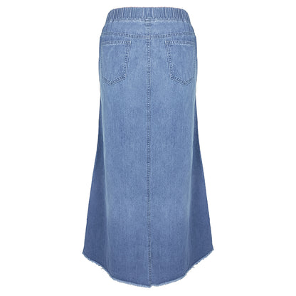 Women pring Summer Denim A Skirt Binding Tape Brushed Elastic High Waist Simple All Match Long Skirt - Wanita Store