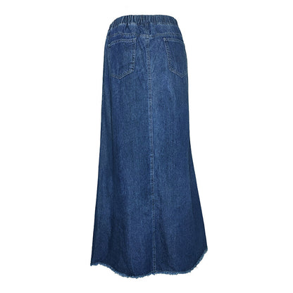 Women pring Summer Denim A Skirt Binding Tape Brushed Elastic High Waist Simple All Match Long Skirt - Wanita Store