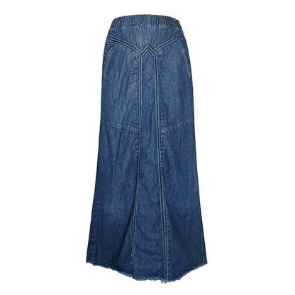 Women pring Summer Denim A Skirt Binding Tape Brushed Elastic High Waist Simple All Match Long Skirt - Wanita Store