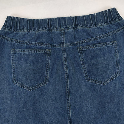 Women pring Summer Denim A Skirt Binding Tape Brushed Elastic High Waist Simple All Match Long Skirt - Wanita Store