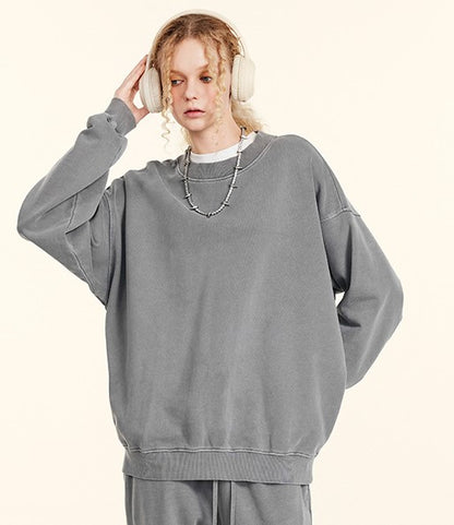 Autumn Worn Looking Washed-out Basic Brand Vibe round Neck Sweatshirt Men's Long-Sleeved Shirt - Wanita Store