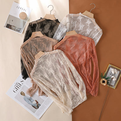 Spring Autumn High End Lace Bottoming Shirt Women Popular Tight Long Sleeve Mesh Top Sexy Inner Wear Small Shirt - Wanita Store