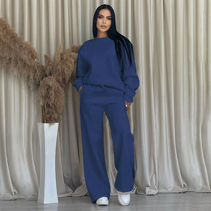 Autumn Winter Solid Color Round Neck Long Sleeve Loose Women Wear Casual Wide Leg Pants Suit - Wanita Store