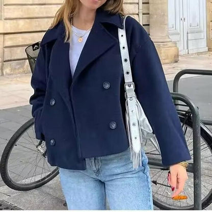 Women Clothing Autumn Winter Casual Collared Double Breasted Woolen Coat Top Women - Wanita Store