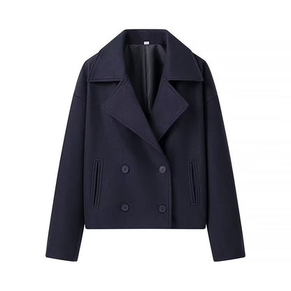 Women Clothing Autumn Winter Casual Collared Double Breasted Woolen Coat Top Women - Wanita Store