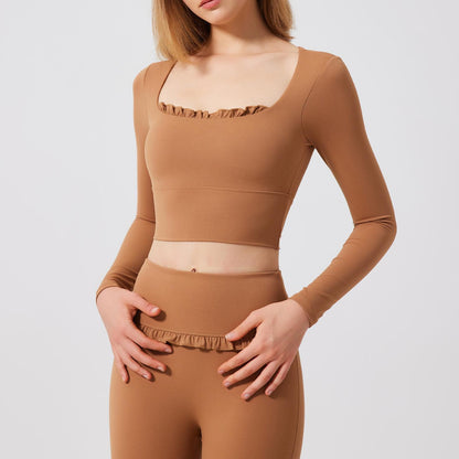 Autumn Winter Nude Feel Lace Yoga Clothes Long Sleeve Semi Fixed Cup Running Slim Sports Bra Breathable Workout Clothes Top - Wanita Store
