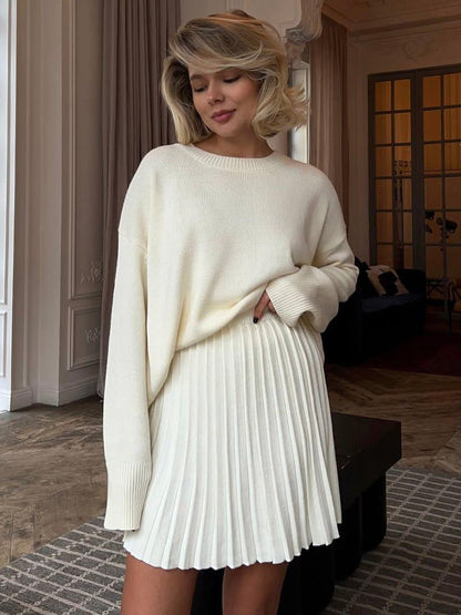 Solid Color round Neck Sweater Pleated Skirt Set Women Knitted Skirt Sets - Wanita Store