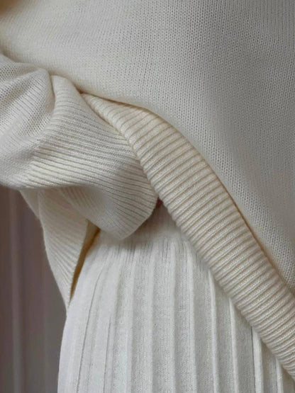 Solid Color round Neck Sweater Pleated Skirt Set Women Knitted Skirt Sets - Wanita Store