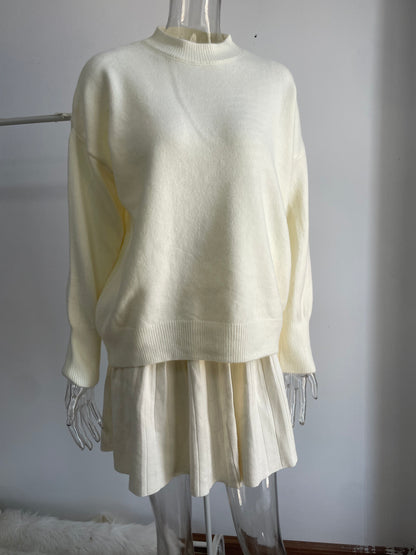 Solid Color round Neck Sweater Pleated Skirt Set Women Knitted Skirt Sets - Wanita Store