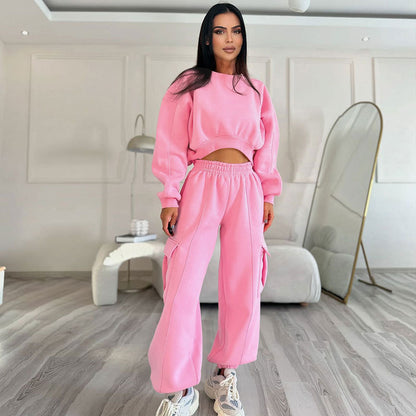 Women Clothing Autumn round Neck High Waist Sweater Pocket Loose Sweatpants Sets - Wanita Store