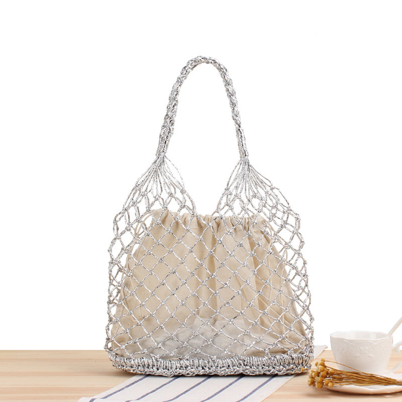 Solid Color Metallic Yarn Hand Crocheting Woven Bag Trendy Women Mori Portable Straw-Weaved Bag Beach Bag