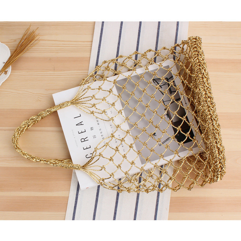 Solid Color Metallic Yarn Hand Crocheting Woven Bag Trendy Women Mori Portable Straw-Weaved Bag Beach Bag