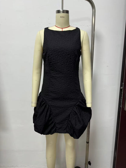 Women French Waist Display Wide Swing Short Sleeveless Dress Puffy dress - Wanita Store