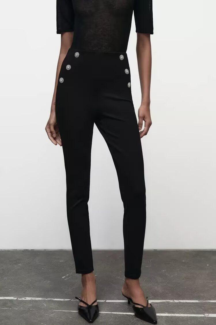 Autumn Women Clothing Jewelry Decorated Row Button Mid Waist Bottoming Trousers - Wanita Store