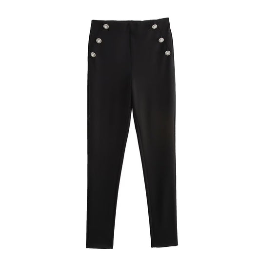 Autumn Women Clothing Jewelry Decorated Row Button Mid Waist Bottoming Trousers - Wanita Store