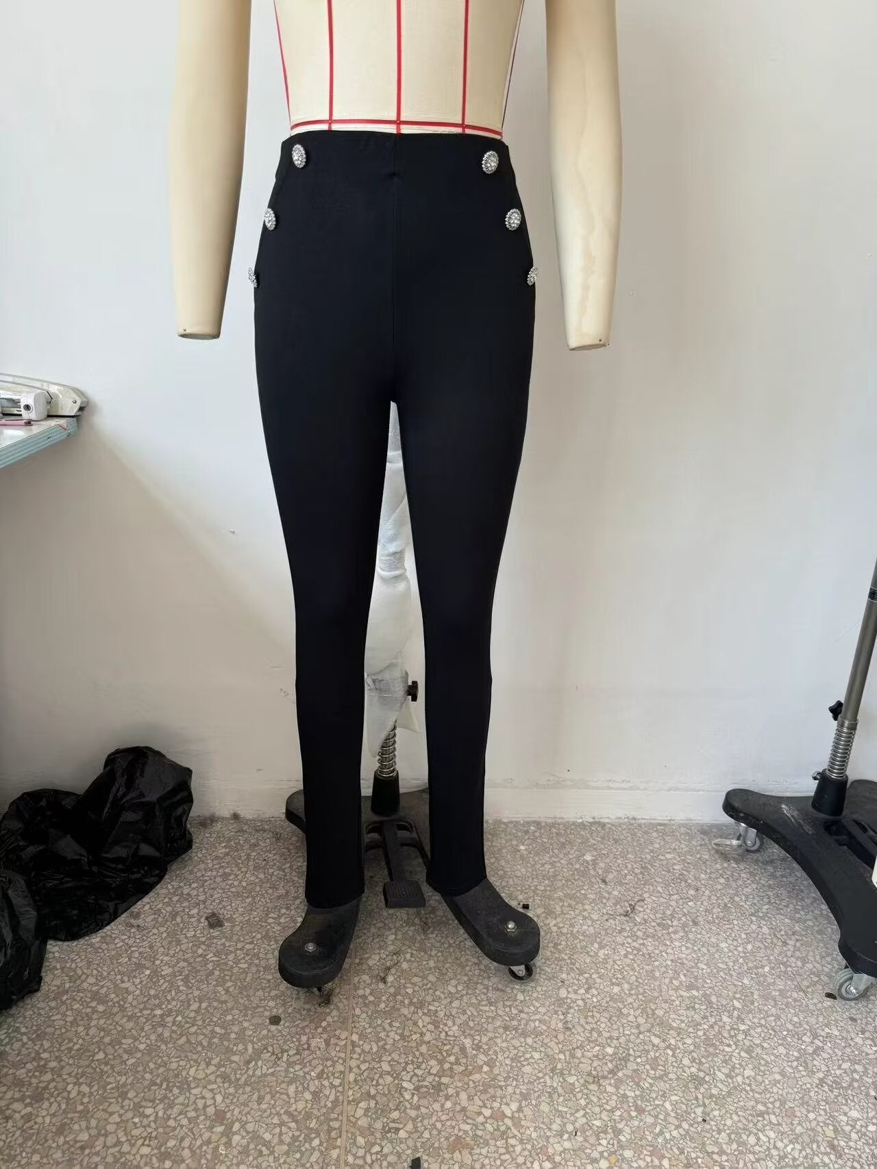 Autumn Women Clothing Jewelry Decorated Row Button Mid Waist Bottoming Trousers - Wanita Store