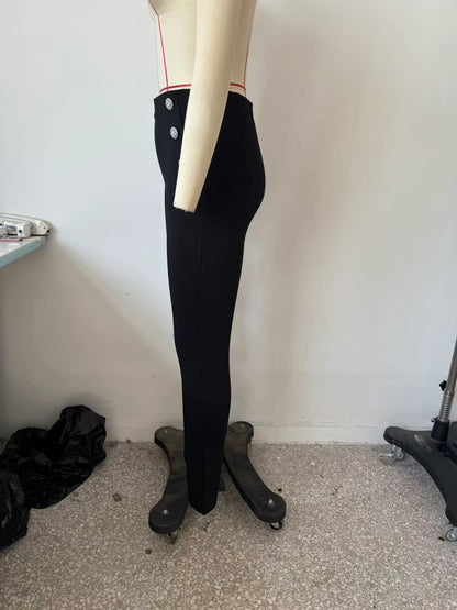 Autumn Women Clothing Jewelry Decorated Row Button Mid Waist Bottoming Trousers - Wanita Store