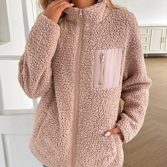 Women Clothing Autumn Winter Lamb Wool Berber Fleece Coat Women Loose Stitching Casual All Matching Jacket Coat