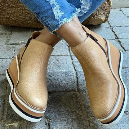 Wedge Thin Short Boots for Women Autumn Winter Side Zipper Mid Heel Leather Surface Ankle Boots - Wanita Store