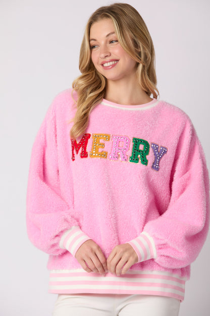 Autumn Winter Women Clothing Christmas Letter Graphic Drilling Long Sleeve Pullover Hoodie round Neck Top - Wanita Store