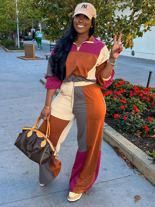 Sports Casual Women Clothing Color Matching Color Contrast Waist Tight Two Piece Sest