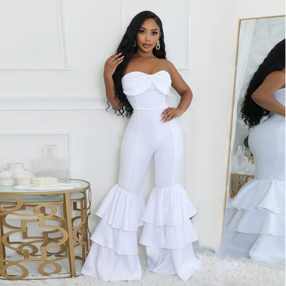 Sexy Tube Top Solid Color Pleated Lace Jumpsuit for Women - Wanita Store