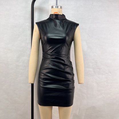 Women Clothing Street Hipster Faux Leather Stand Collar Sleeveless Oversleeve Sheath Pleated Dress - Wanita Store