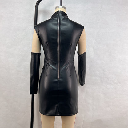 Women Clothing Street Hipster Faux Leather Stand Collar Sleeveless Oversleeve Sheath Pleated Dress - Wanita Store