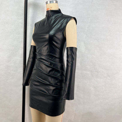 Women Clothing Street Hipster Faux Leather Stand Collar Sleeveless Oversleeve Sheath Pleated Dress - Wanita Store