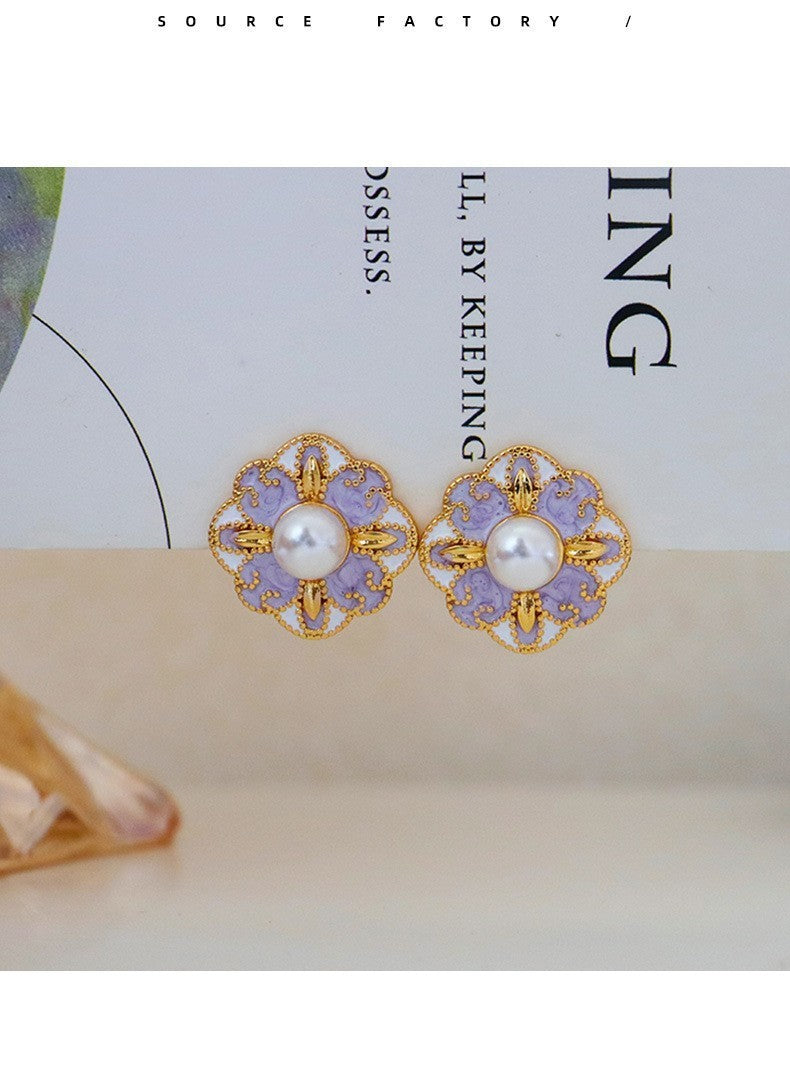 French Blue Color Oil Glaze Floral Stud Earrings Light Luxury High Grade Retro Minority Mid Ancient Pearl Earrings for Women - Wanita Store