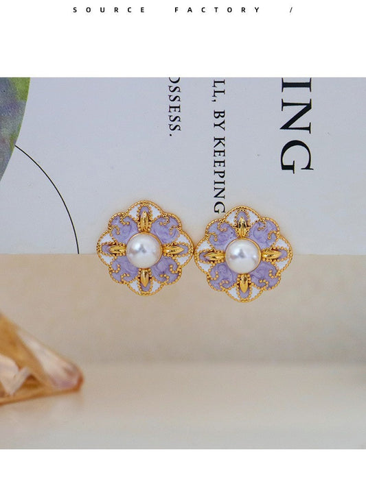French Blue Color Oil Glaze Floral Stud Earrings Light Luxury High Grade Retro Minority Mid Ancient Pearl Earrings for Women - Wanita Store