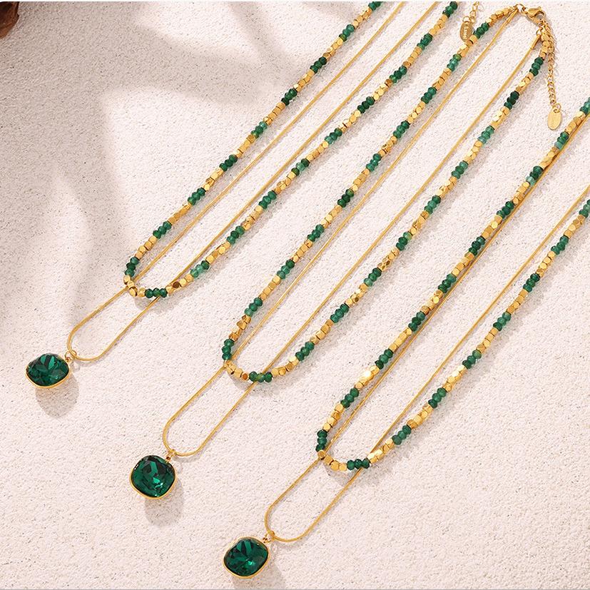 Natural Stone Beaded Crystal Stone Embellished Double Layer Necklace Stainless Steel All Match Clavicle Chain Necklace - Wanita Store