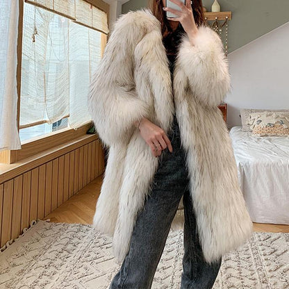 Women Raccoon Fur Coat Women Long Fox Fur Collar Fur Coat Loose Casual Trench Coat - Wanita Store
