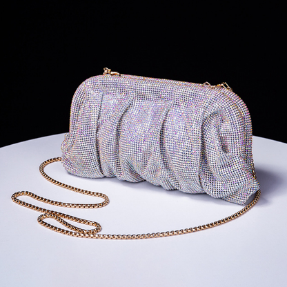 High Grade Diamond Studded by Hand Clutch Pleated Chain Rhinestone Cloud Clip Dinner Bag One Shoulder Crossbody Bag - Wanita Store