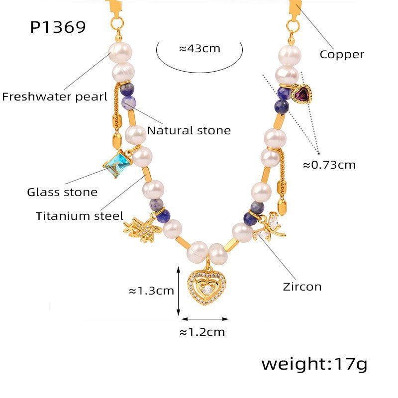 Mix Match Geometric Abstract Material Natural Stone Freshwater Pearl Titanium Steel Embellished Necklace Stitching Heavy Industry to Create Copper Material Chain - Wanita Store