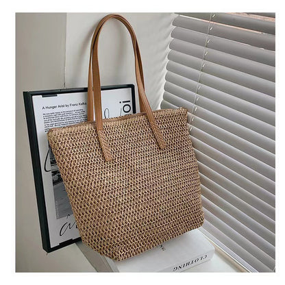 Simple Shoulder Large Capacity Straw Bag Women Summer Straw Bag Woven Bag Seaside Vacation Beach Bag Rattan Weave Bag - Wanita Store
