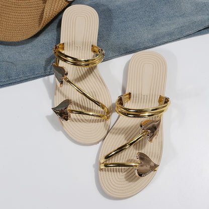 Women Sandals Open Toe Non Slip Sandals Outer Wear Mini Heart Shaped Flat Sandals Slides - Wanita Store