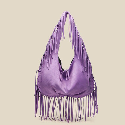 Tassel Large Capacity Tote Crescent Trendy One Shoulder Women Bag Casual Simple Crossbody Suede Retro Dumpling Bag - Wanita Store