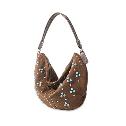 Niche Design Women Bags Vintage Rivet Frosted Portable Messenger Bag Crescent Underarm Shoulder Bag Suede Tote Bag - Wanita Store
