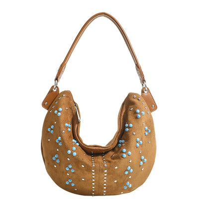 Niche Design Women Bags Vintage Rivet Frosted Portable Messenger Bag Crescent Underarm Shoulder Bag Suede Tote Bag - Wanita Store