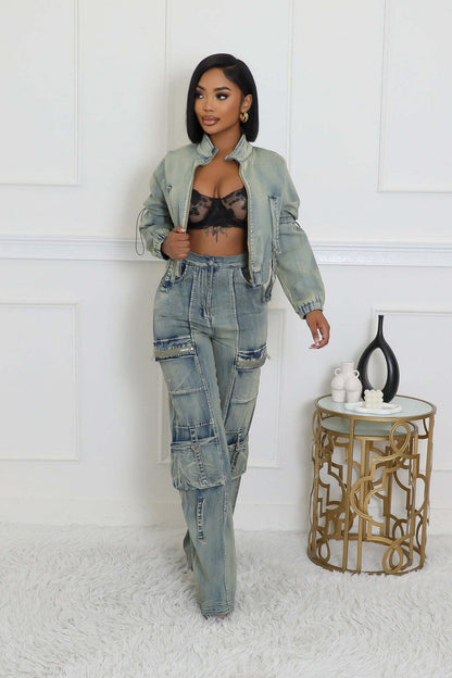 Women Sexy Highly Stretch Multi Pocket Washed Denim Casual Two Piece Set - Wanita Store