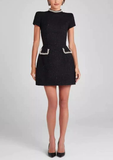 Elegant Slim Slimming round Neck Beaded Classic Dress Women - Wanita Store